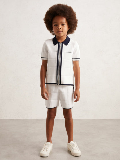 Reiss 9-13 yrs Tipped Knit Zip-Through Shirt in White/Navy