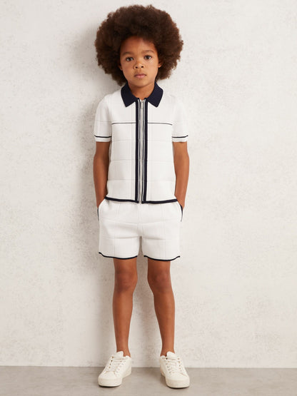 Reiss 3-9 yrs Tipped Knit Stitch-Detail Shorts in White/Navy