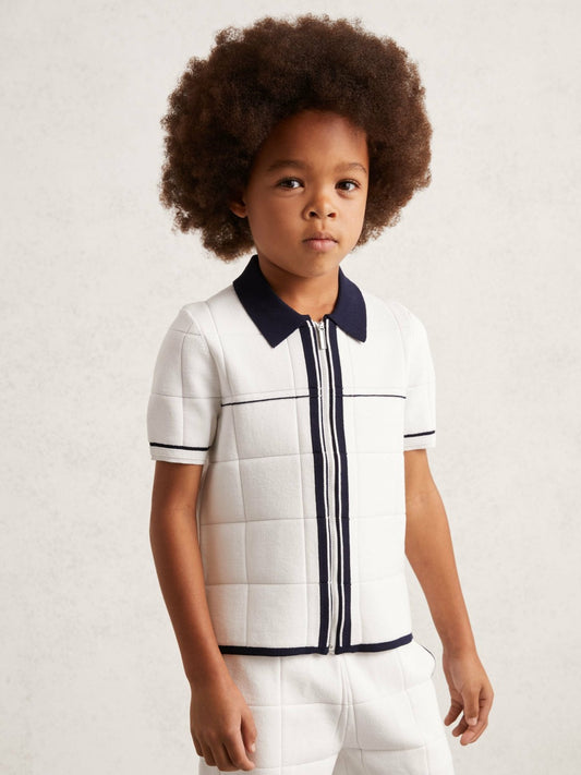 Reiss 3-9 yrs Tipped Knit Zip-Through Shirt in White/Navy
