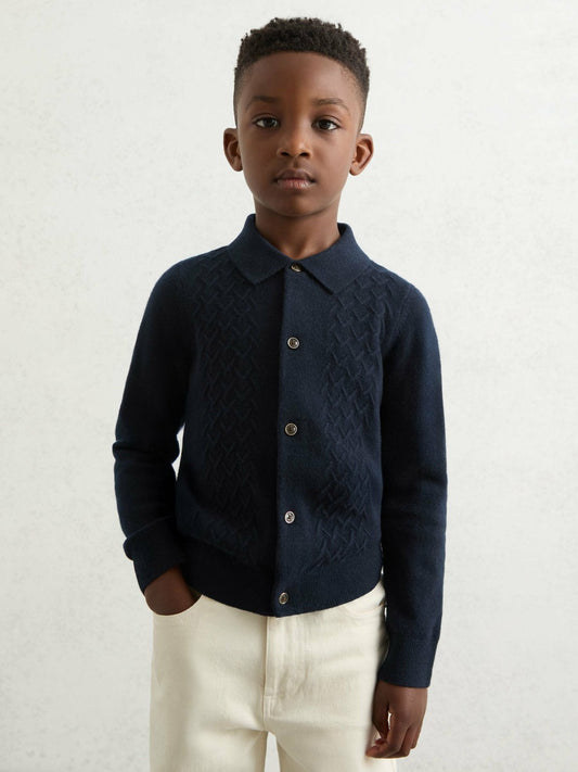 Reiss 3-9 yrs Wool V-Stitch Button-Through Cardigan in Navy Blue
