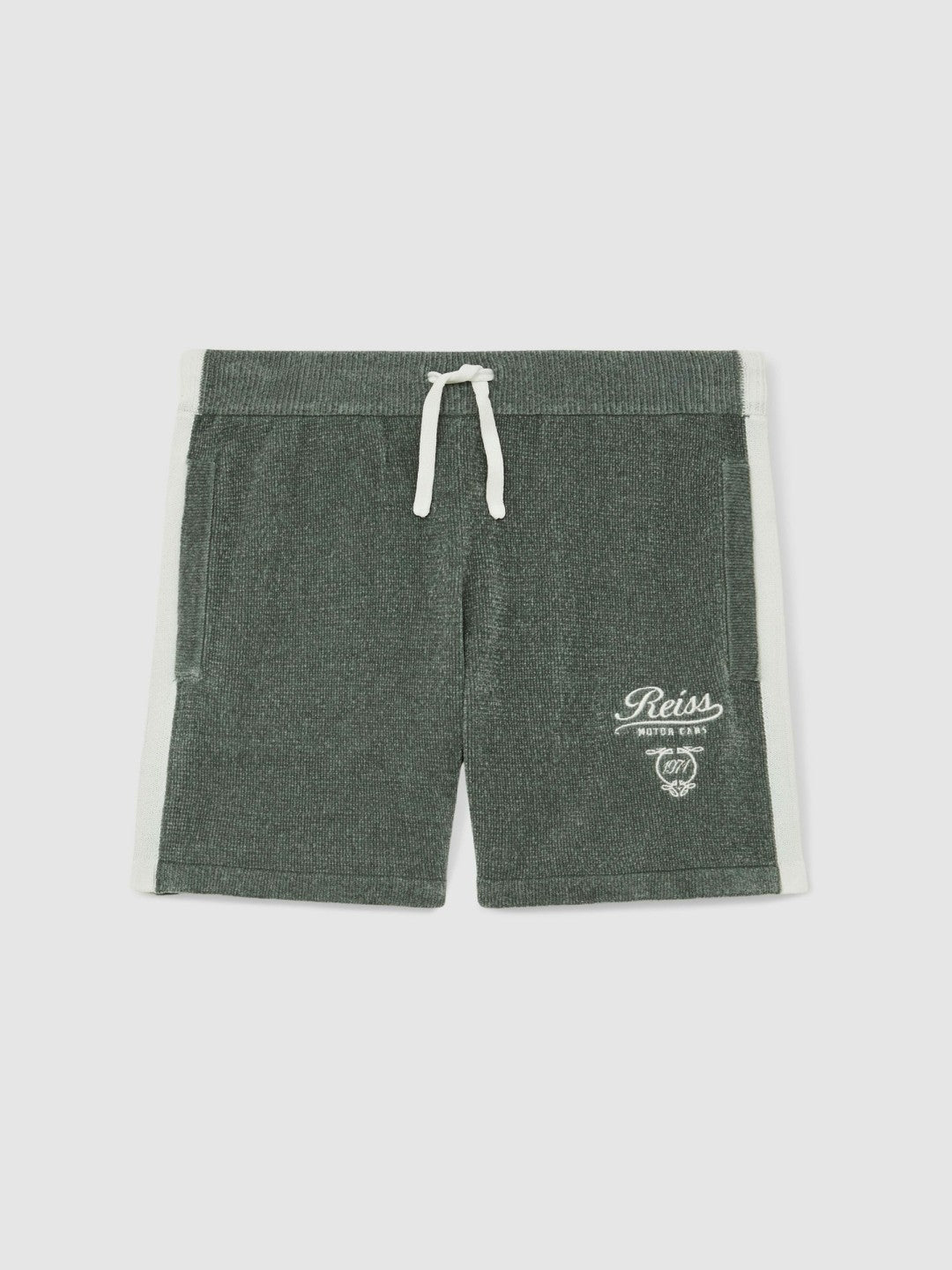 Reiss 9-13 yrs Chenille Tipped Motor Cars Shorts in Dark Sage Green/White