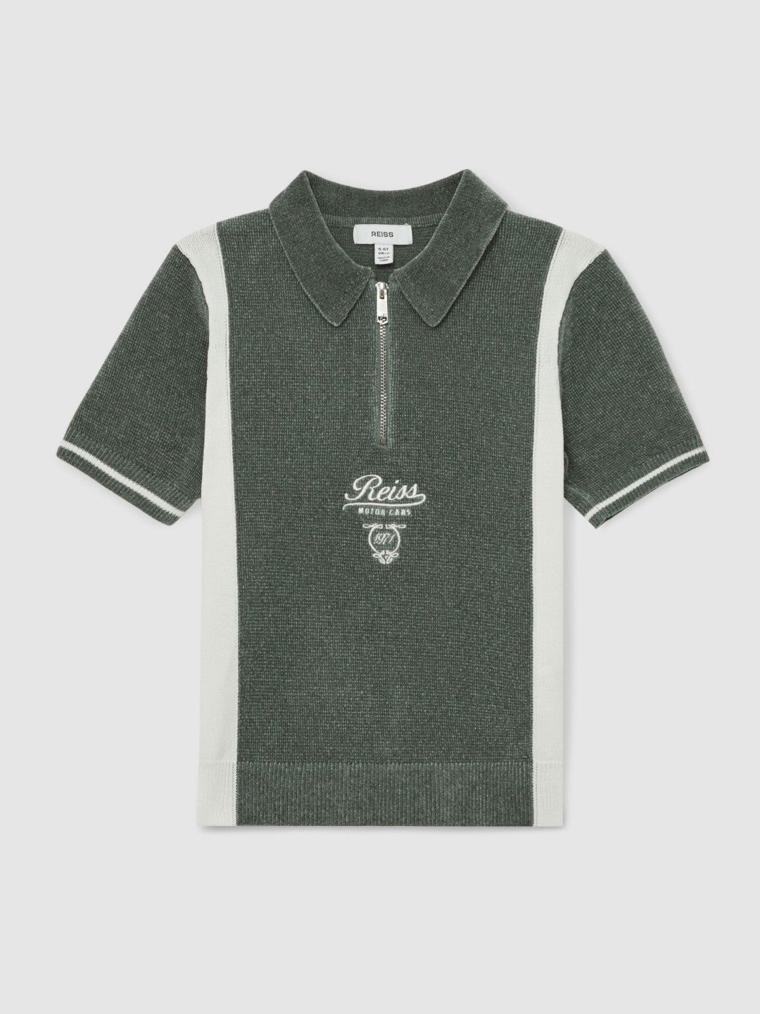 Reiss 9-13 yrs Chenille Tipped Motor Cars Polo Shirt in Dark Sage Green/White