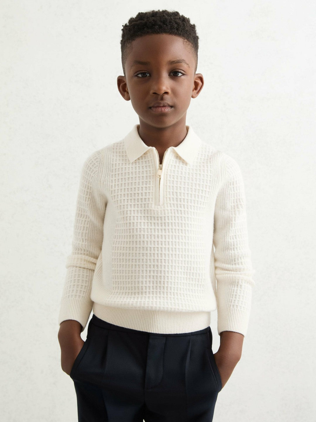 Reiss 13-14 yrs Wool Waffle-Knit Half-Zip Polo Shirt in Off White