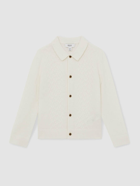 Reiss 13-14 yrs Wool V-Stitch Button-Through Cardigan in Off White