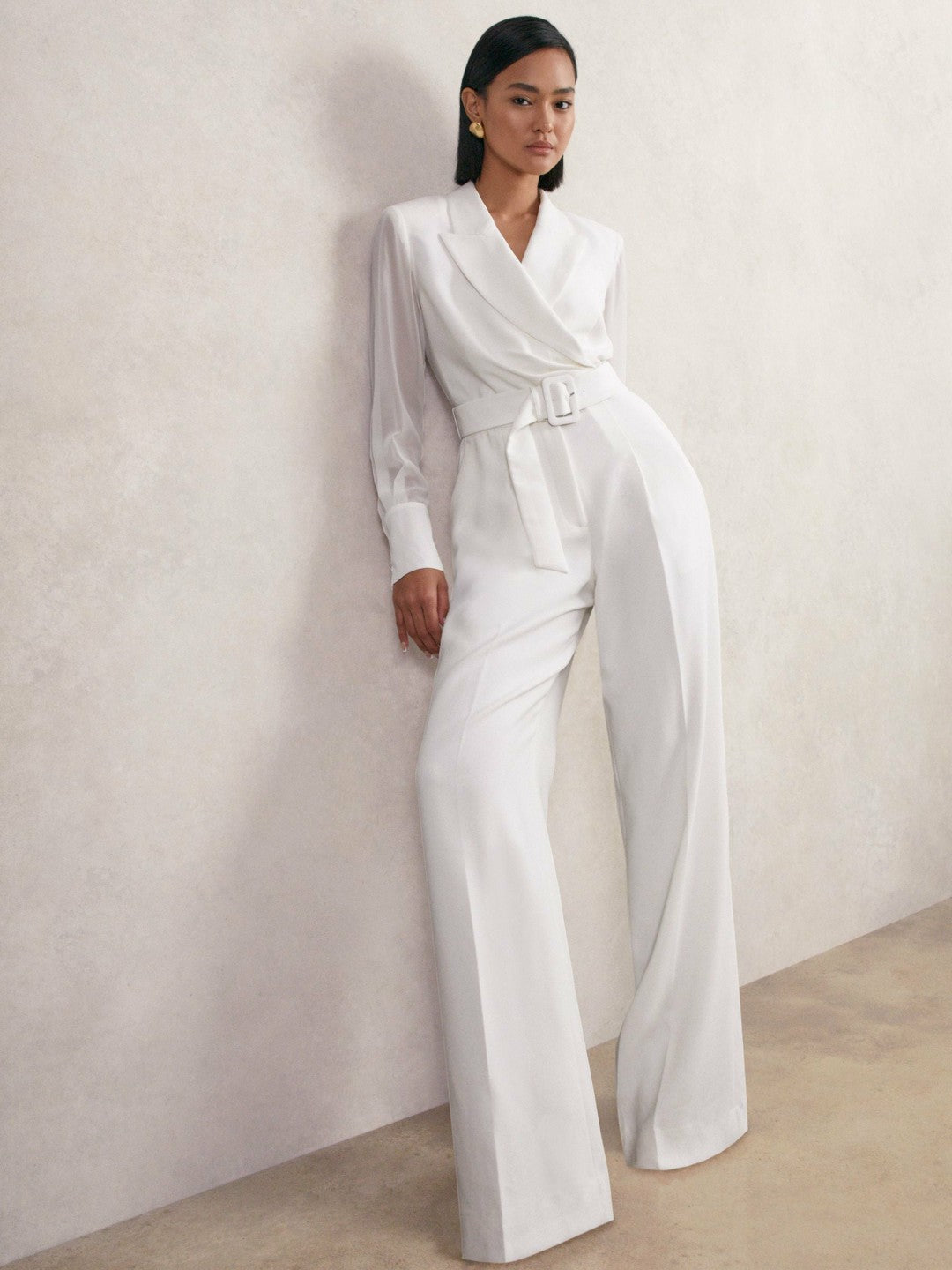 Reiss Sheer-Sleeve Wide-Leg Tuxedo Jumpsuit in Ivory