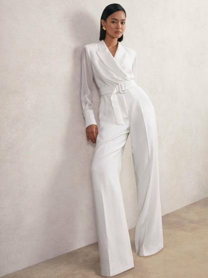 Reiss Sheer-Sleeve Wide-Leg Tuxedo Jumpsuit in Ivory