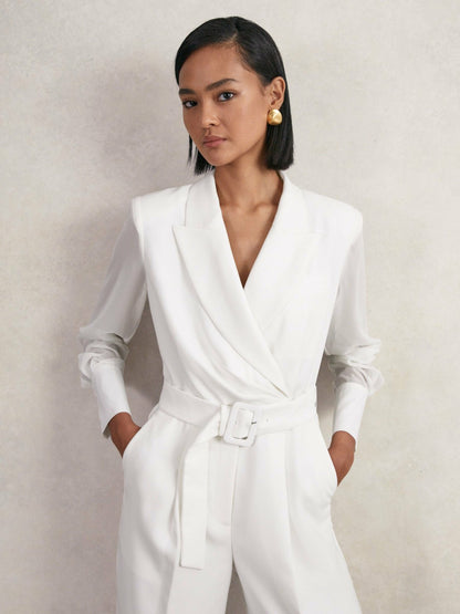 Reiss Sheer-Sleeve Wide-Leg Tuxedo Jumpsuit in Ivory