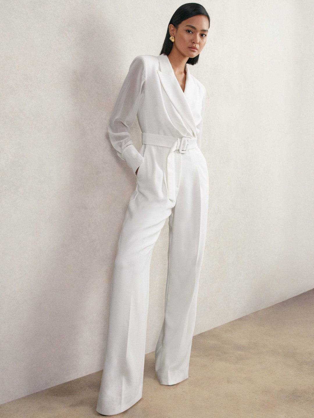 Reiss Sheer-Sleeve Wide-Leg Tuxedo Jumpsuit in Ivory