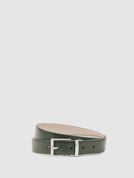 Reiss Reversible Leather Belt in Forest Green/Off White