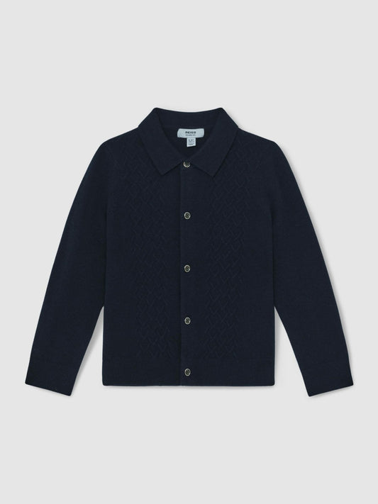 Reiss 13-14 yrs Wool V-Stitch Button-Through Cardigan in Navy Blue