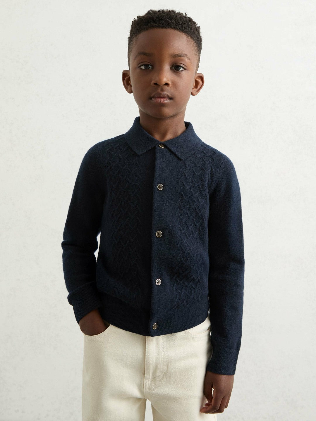 Reiss 13-14 yrs Wool V-Stitch Button-Through Cardigan in Navy Blue