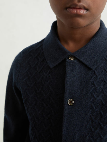 Reiss 13-14 yrs Wool V-Stitch Button-Through Cardigan in Navy Blue