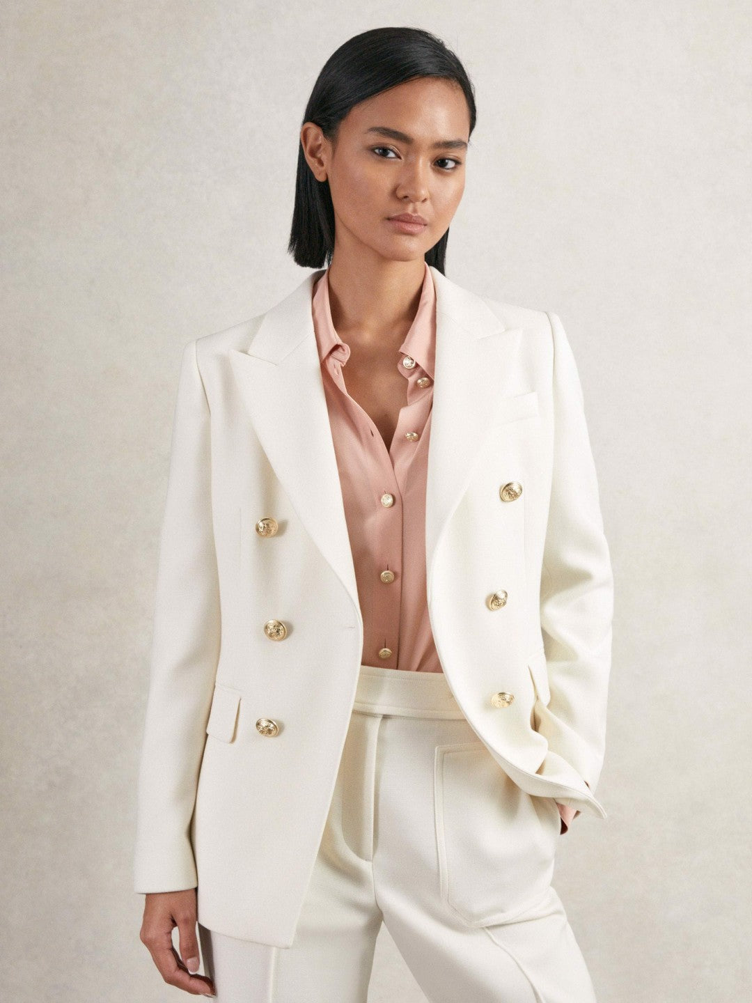 Reiss Double-Breasted Twill Suit Blazer With Wool in White