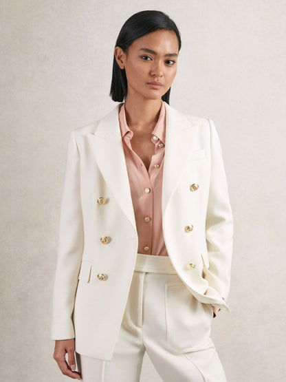 Reiss Double-Breasted Twill Suit Blazer With Wool in White