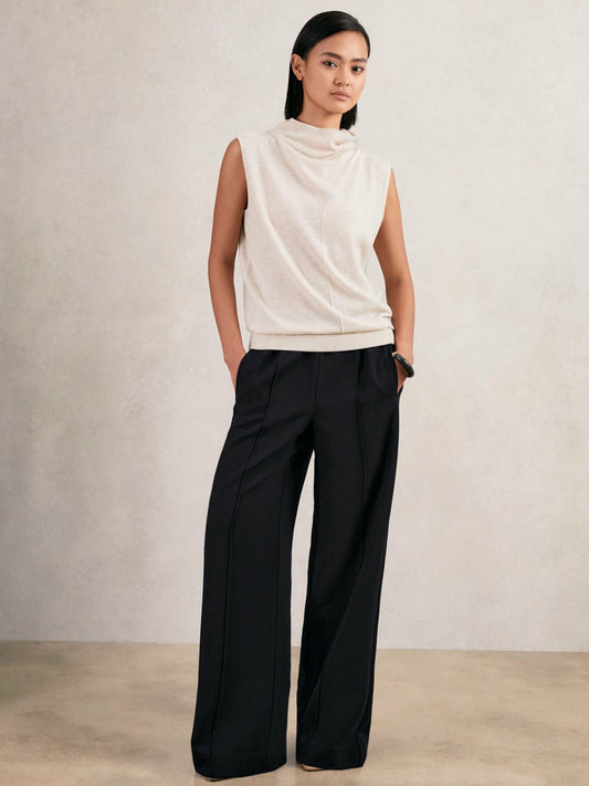 Reiss Petite Wide Leg Elasticated Waist Trousers in Navy