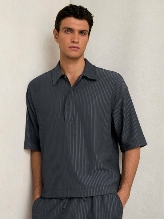 Reiss Oversized Textured Stripe Polo Shirt in Petrol Blue