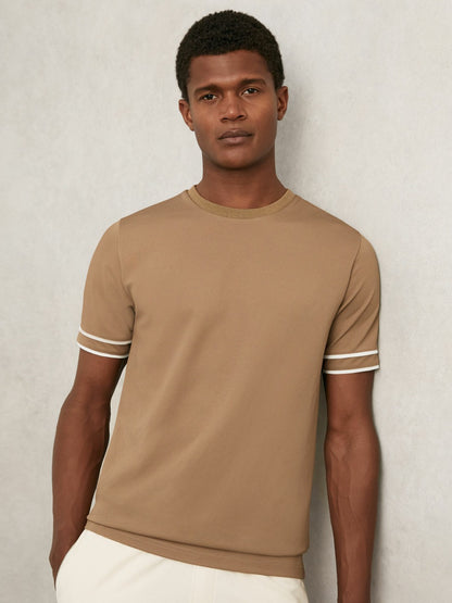 Reiss Textured Crew-Neck Tipped T-Shirt in Camel Brown