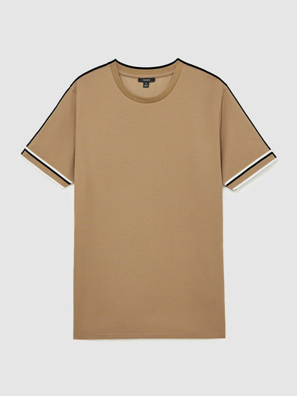 Reiss Textured Crew-Neck Tipped T-Shirt in Camel Brown