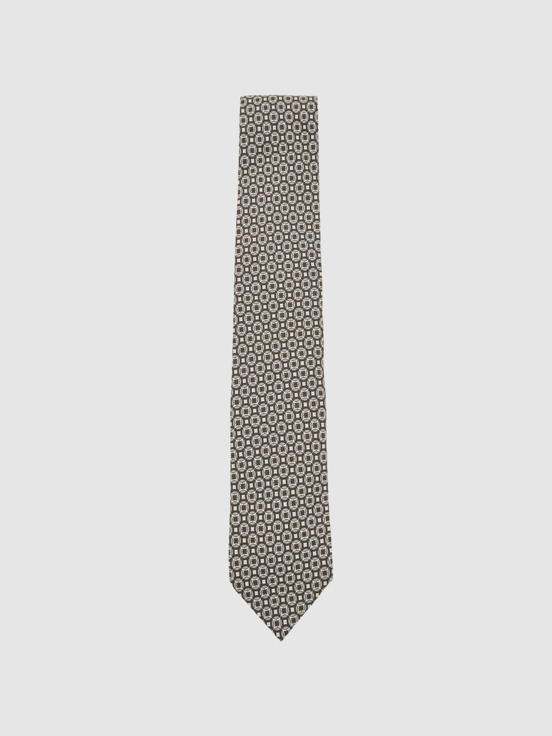 Reiss Silk Geometric-Print Tie in Chocolate Brown Multi