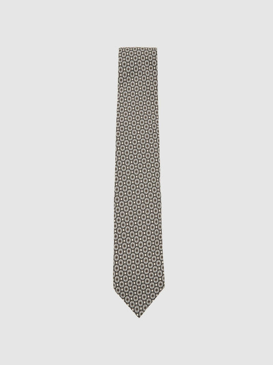Reiss Silk Geometric-Print Tie in Chocolate Brown Multi