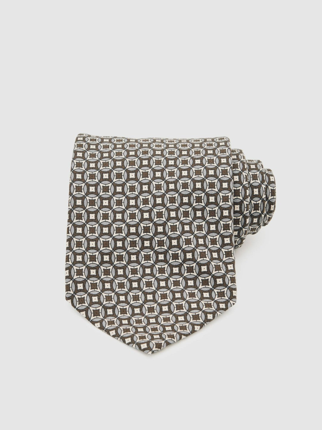 Reiss Silk Geometric-Print Tie in Chocolate Brown Multi