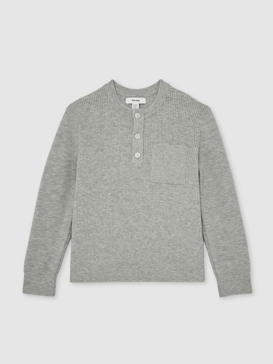 Reiss 13-14 yrs Cotton-Blend Rib-Knit Henley Top in Mid Grey Melange