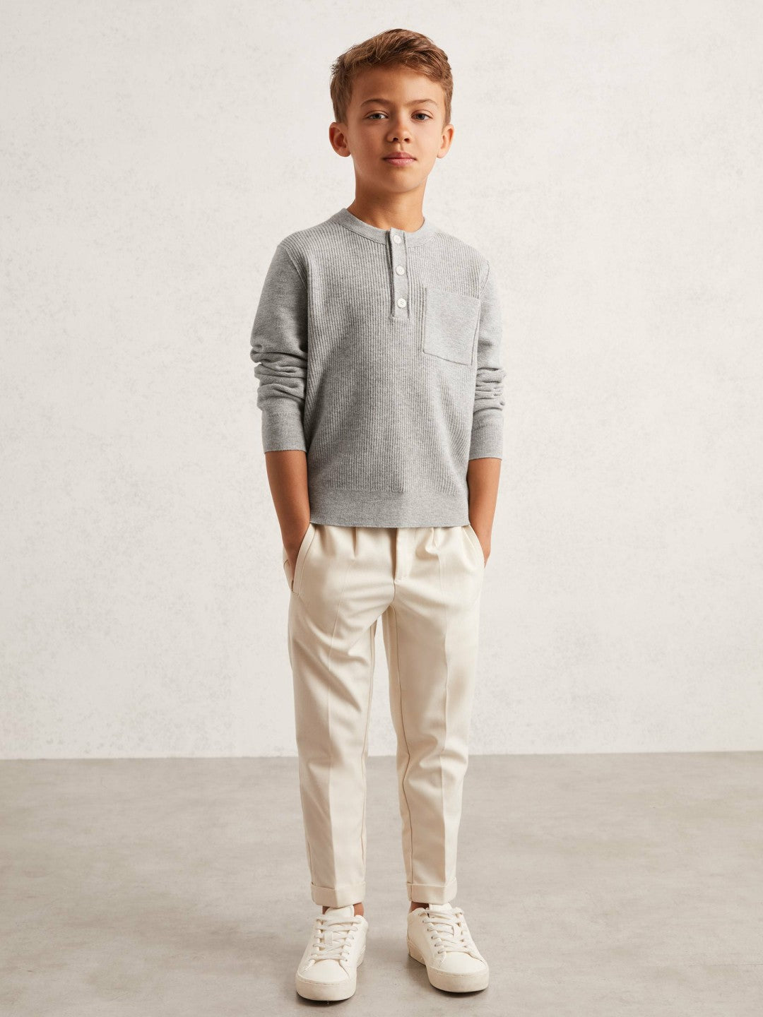 Reiss 13-14 yrs Cotton-Blend Rib-Knit Henley Top in Mid Grey Melange