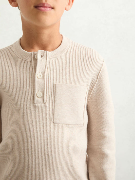 Reiss 9-13 yrs Cotton-Blend Rib-Knit Henley Top in Oatmeal Melange