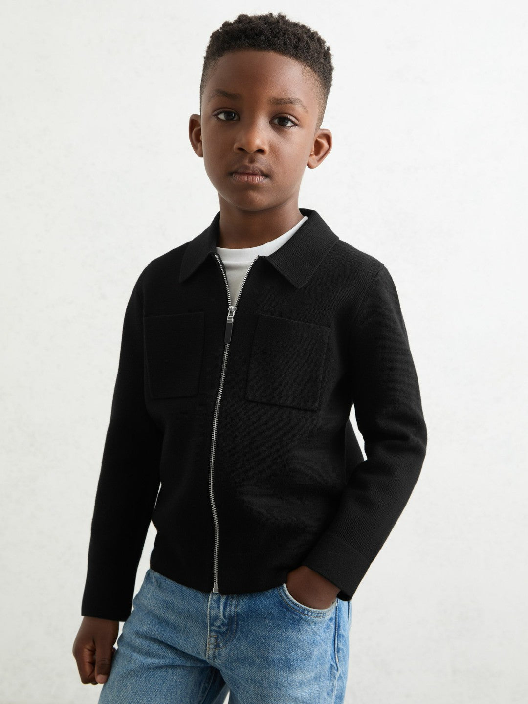 Reiss 3-9 yrs Knitted Zip-Through Cardigan in Black