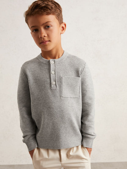 Reiss 3-9 yrs Cotton-Blend Rib-Knit Henley Top in Mid Grey Melange