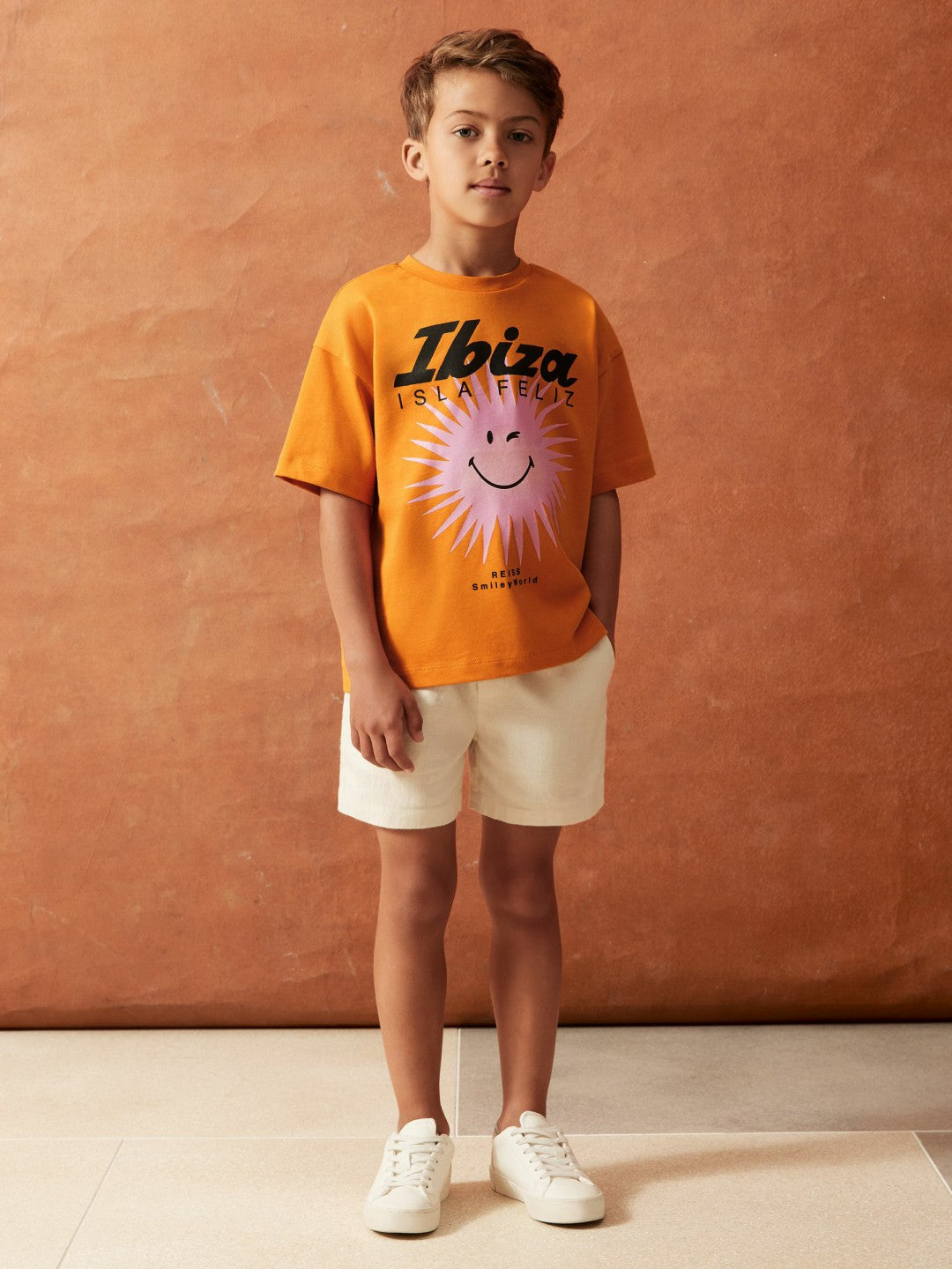 Reiss 9-13 yrs SmileyWorld Sun Motif T-Shirt in Orange