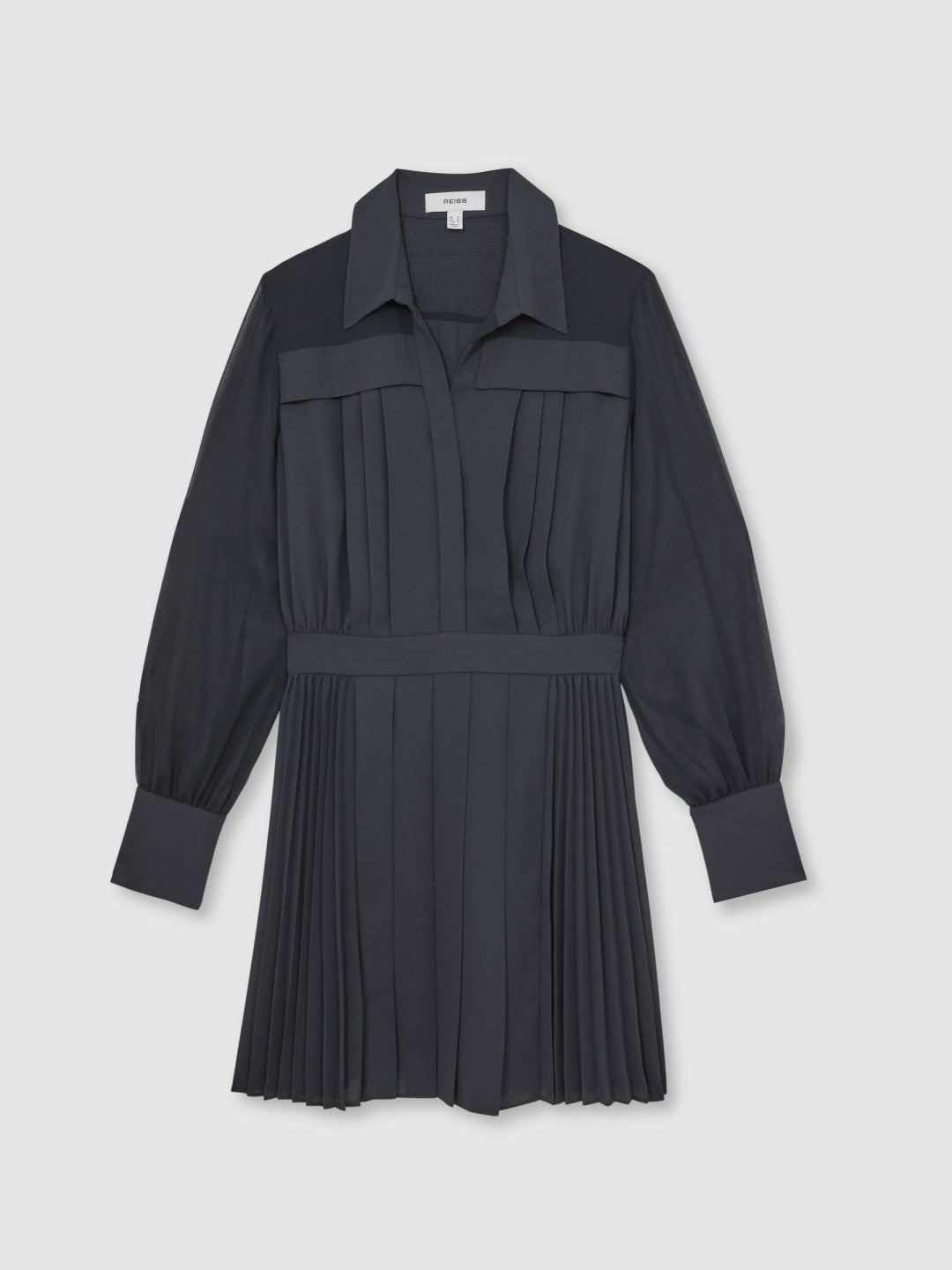 Reiss Pleated Sheer-Sleeve Mini Dress in Navy