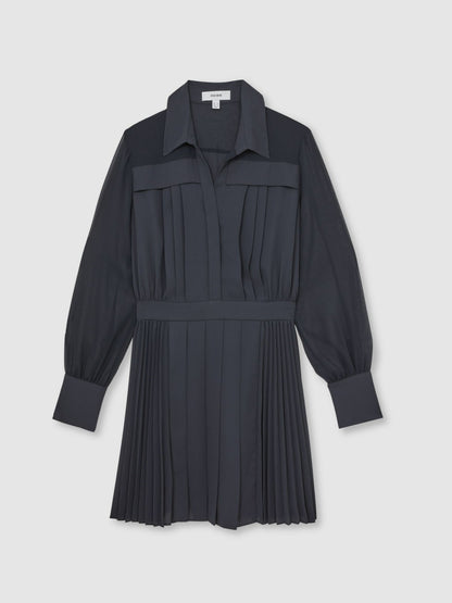 Reiss Pleated Sheer-Sleeve Mini Dress in Navy