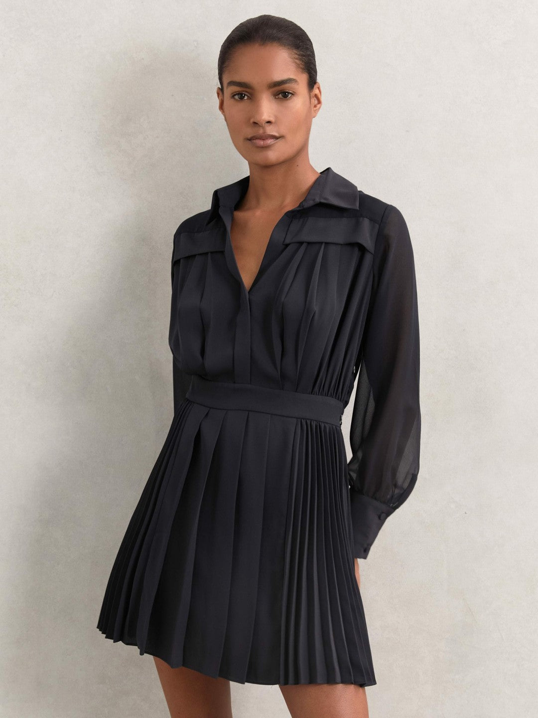 Reiss Pleated Sheer-Sleeve Mini Dress in Navy