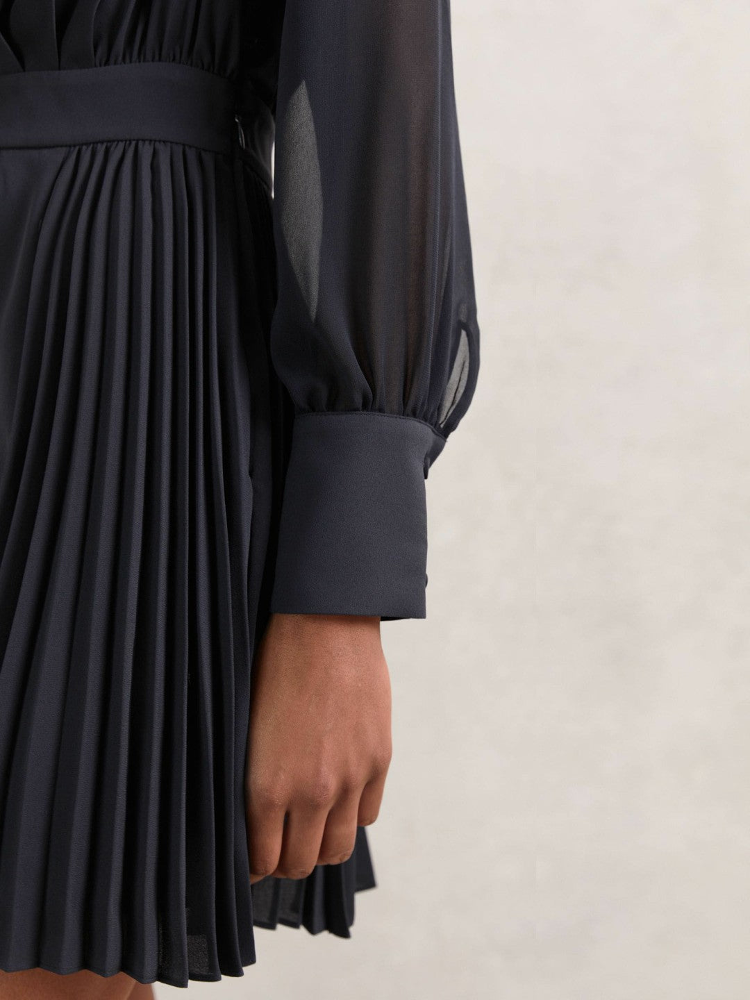 Reiss Pleated Sheer-Sleeve Mini Dress in Navy