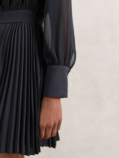 Reiss Pleated Sheer-Sleeve Mini Dress in Navy