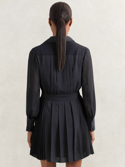 Reiss Pleated Sheer-Sleeve Mini Dress in Navy
