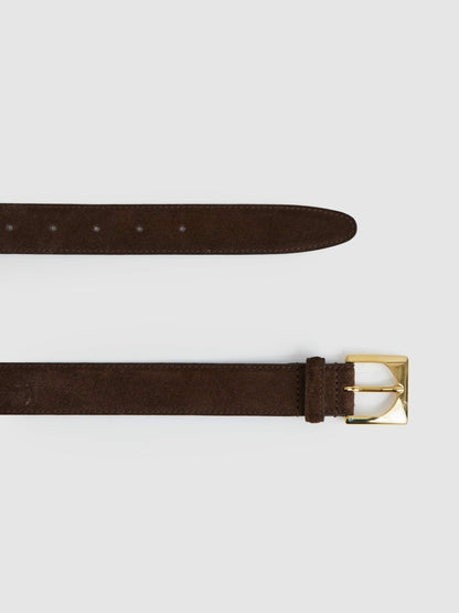 Reiss Suede Square Buckle Belt in Chocolate