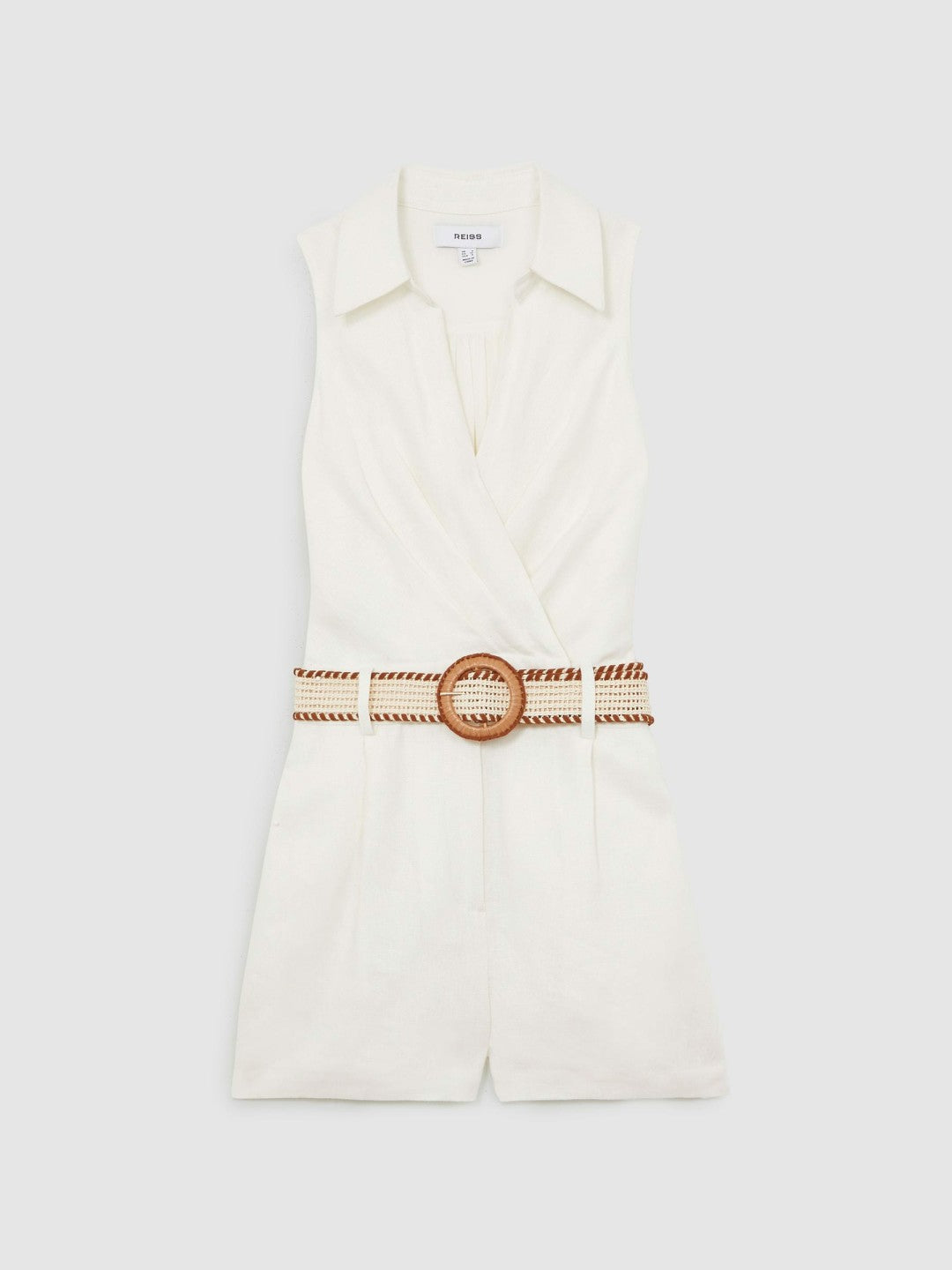 Reiss Linen Belted Sleeveless Wrap Playsuit in Cream