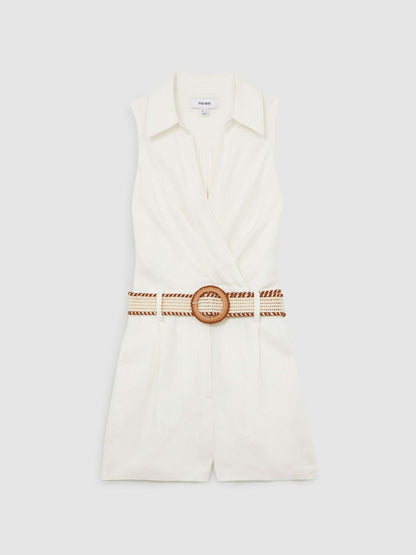 Reiss Linen Belted Sleeveless Wrap Playsuit in Cream