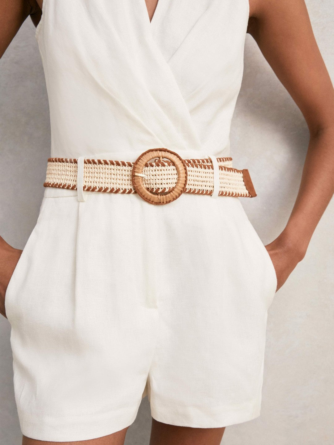 Reiss Linen Belted Sleeveless Wrap Playsuit in Cream