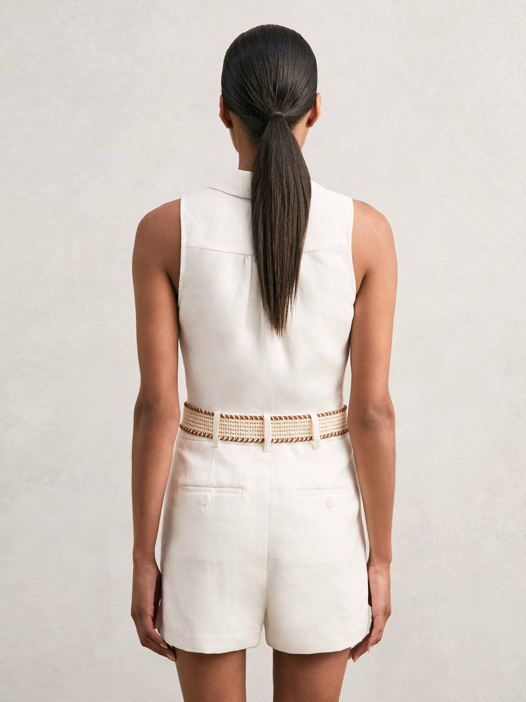 Reiss Linen Belted Sleeveless Wrap Playsuit in Cream