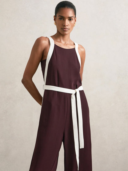 Reiss Petite Colourblock Wide Leg Belted Jumpsuit in Burgundy/Cream