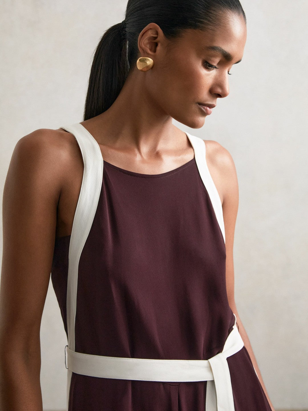 Reiss Petite Colourblock Wide Leg Belted Jumpsuit in Burgundy/Cream