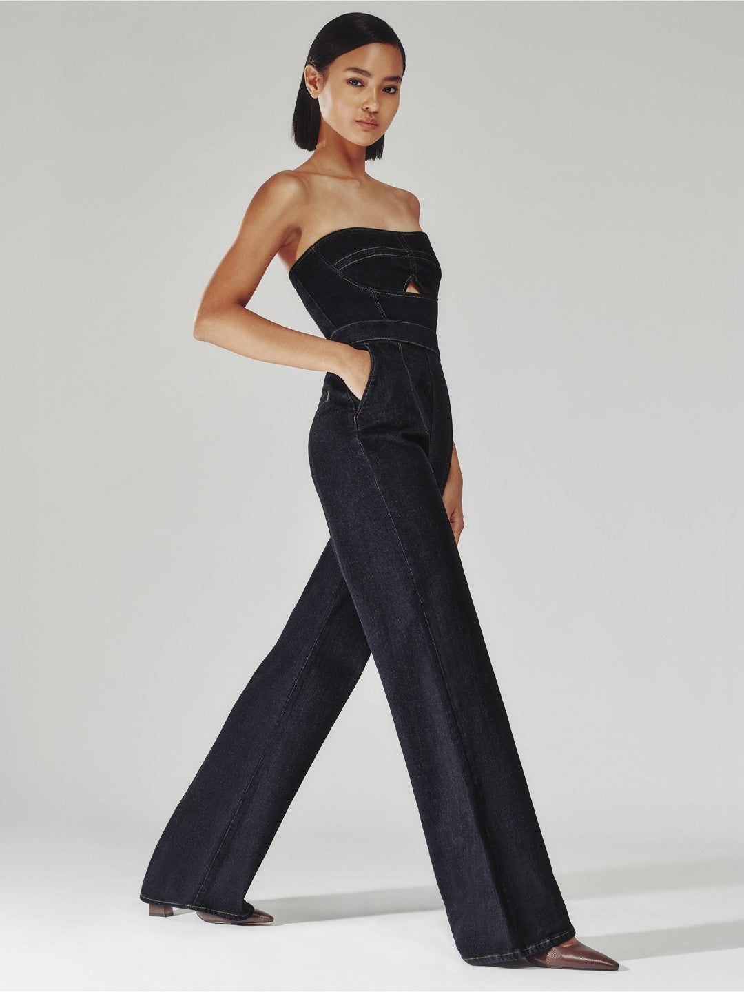 Reiss Strapless Wide Leg Denim Jumpsuit in Indigo Blue