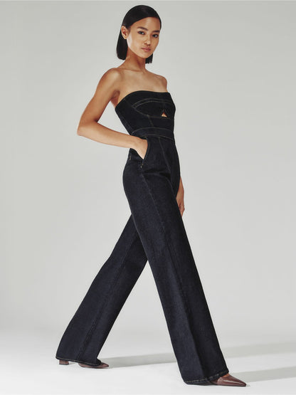 Reiss Strapless Wide Leg Denim Jumpsuit in Indigo Blue
