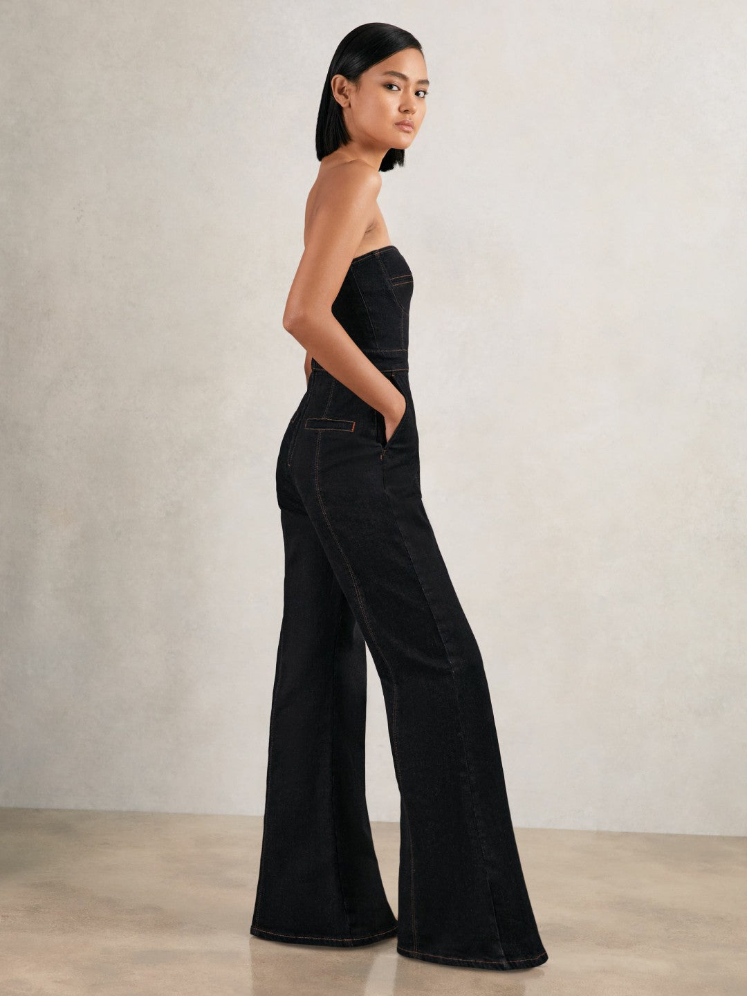 Reiss Strapless Wide Leg Denim Jumpsuit in Indigo Blue