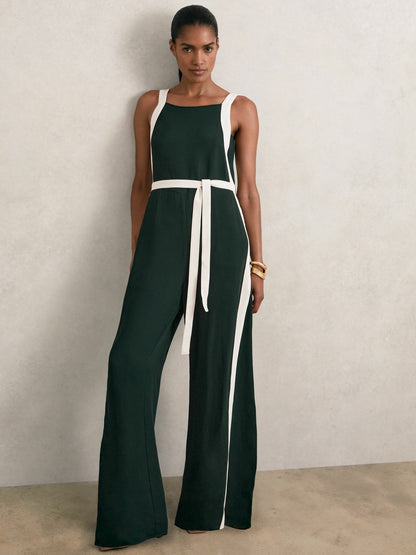Reiss Petite Colourblock Wide Leg Belted Jumpsuit in Dark Green/Cream