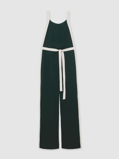 Reiss Petite Colourblock Wide Leg Belted Jumpsuit in Dark Green/Cream