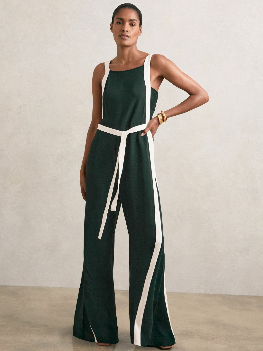 Reiss Petite Colourblock Wide Leg Belted Jumpsuit in Dark Green/Cream